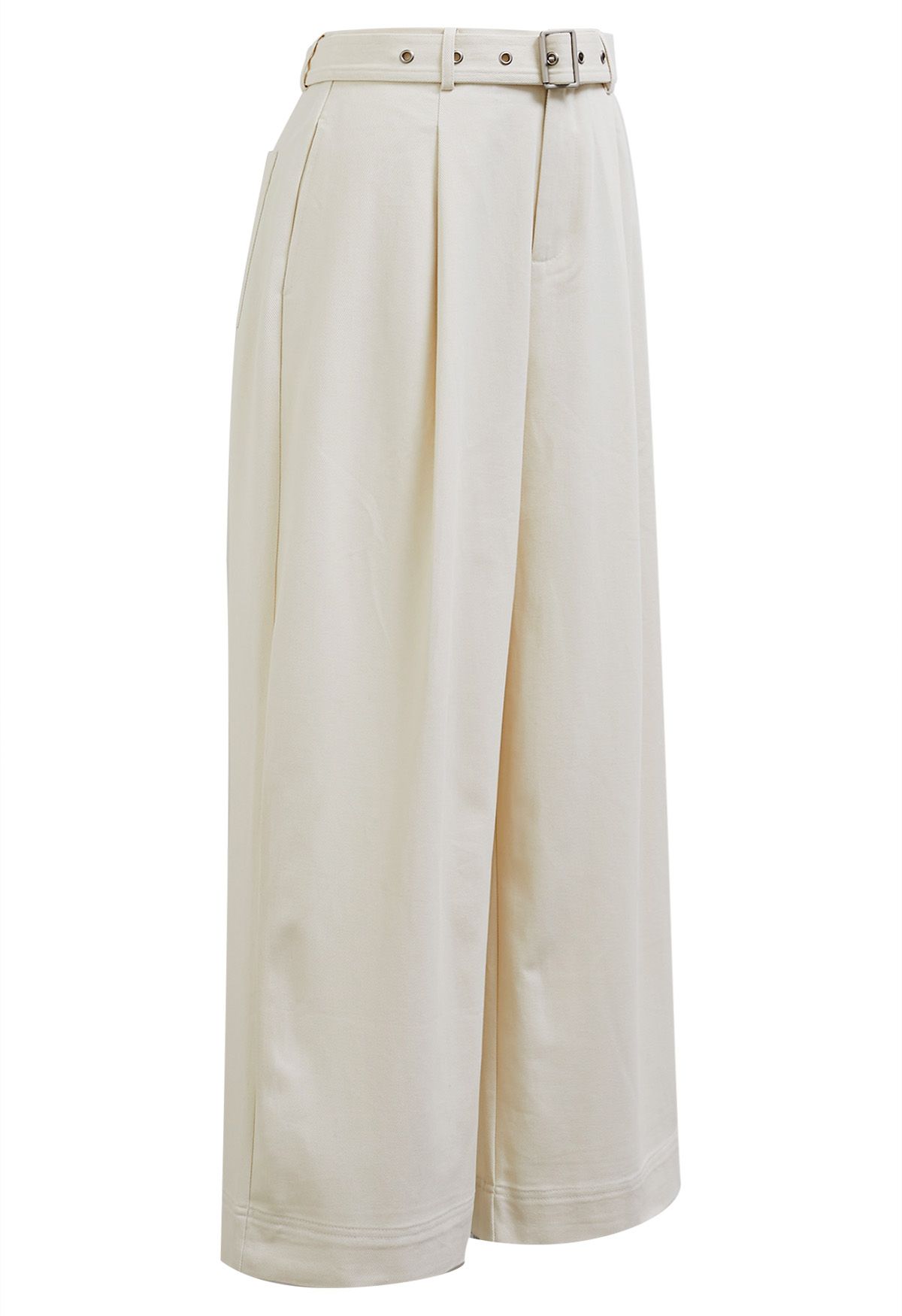 Urban-Casual Pleats Wide-Leg Pants with Belt in Ivory