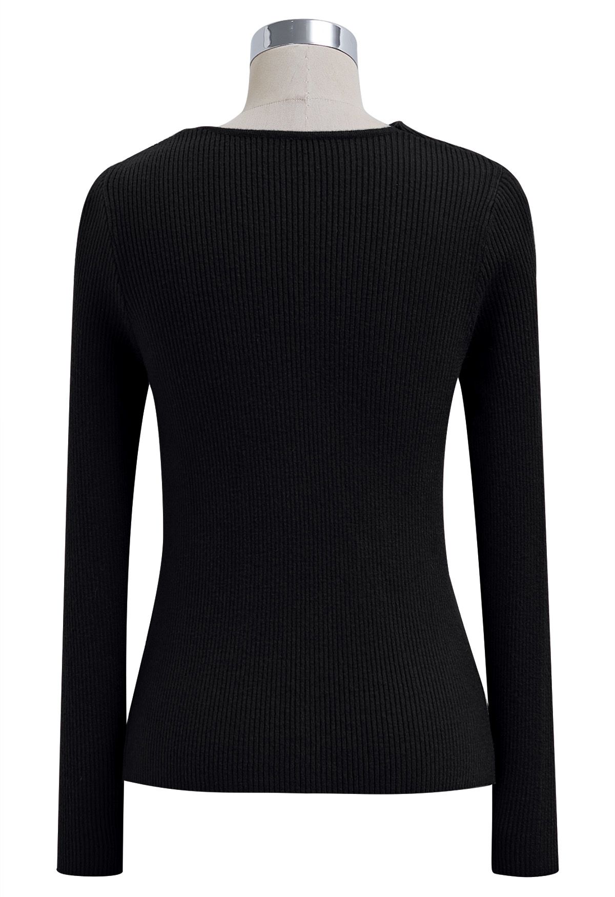 Twist Neckline Ribbed Knit Top in Black