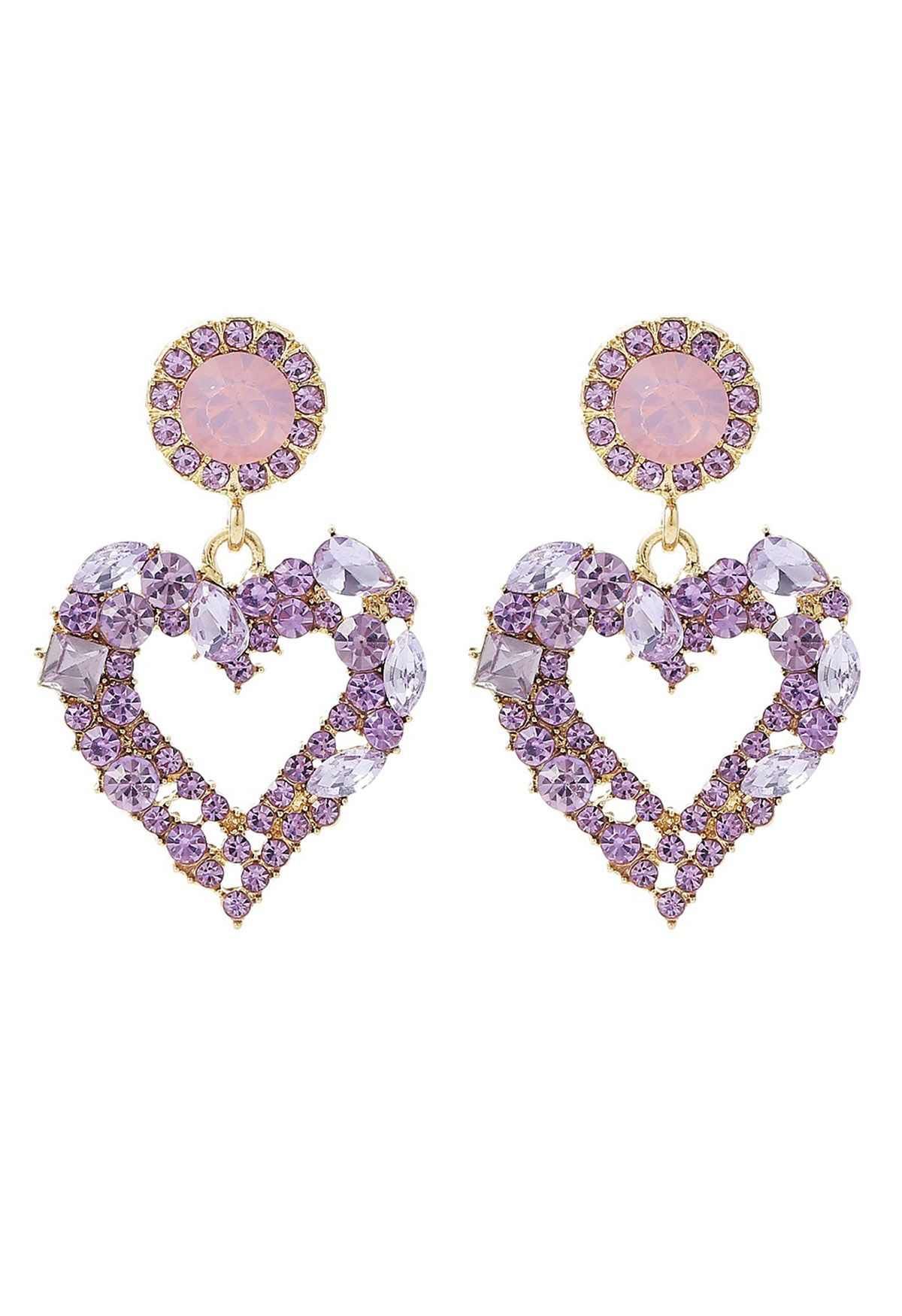 Twinkling Rhinestone Heart Earrings in Purple