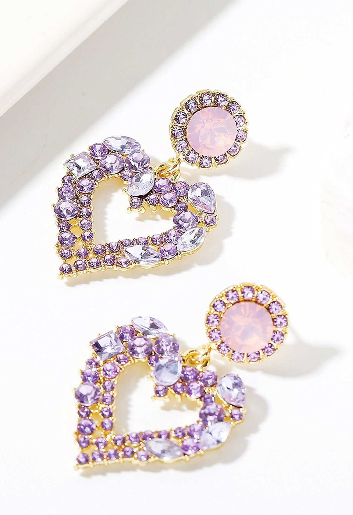 Twinkling Rhinestone Heart Earrings in Purple