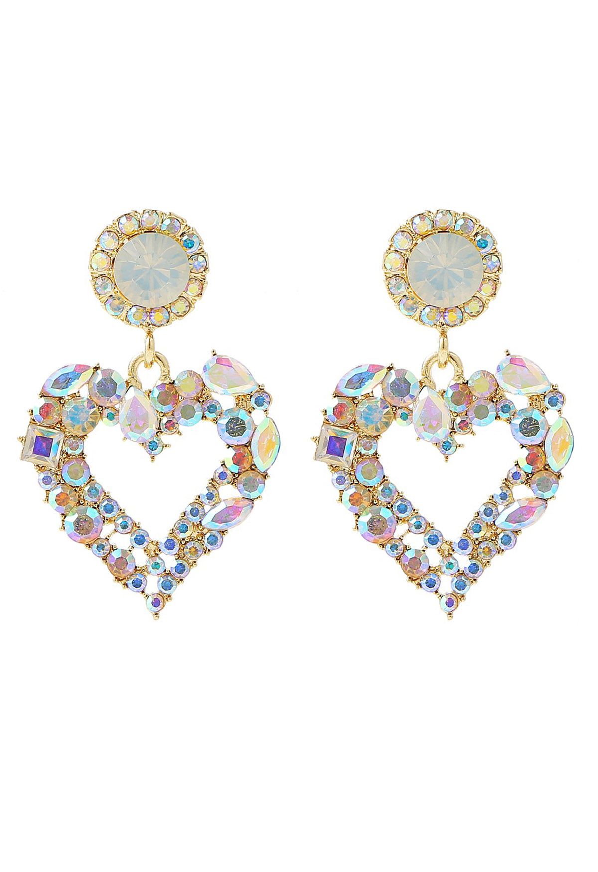 Twinkling Rhinestone Heart Earrings in Gold