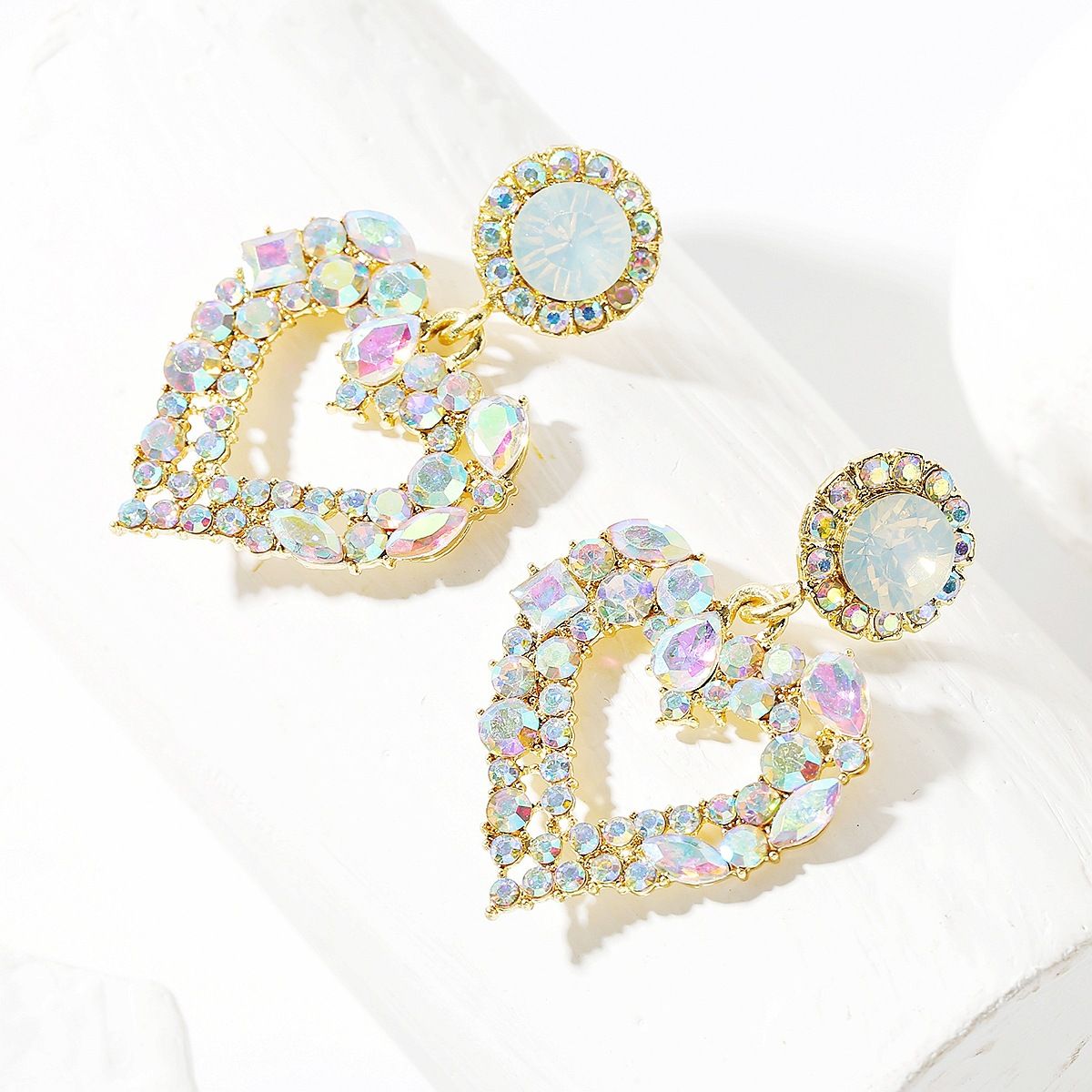 Twinkling Rhinestone Heart Earrings in Gold