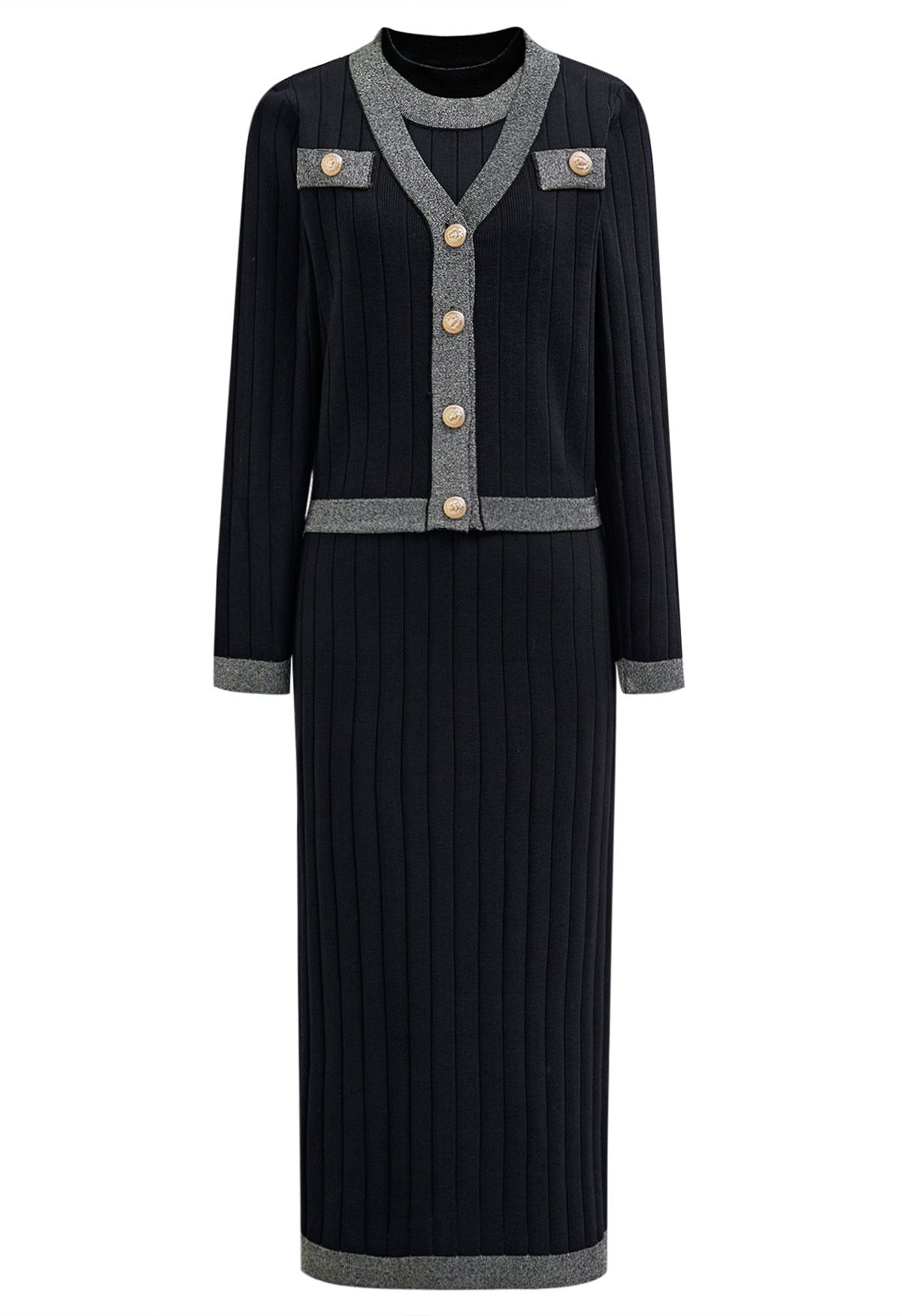 Shimmery Contrast Golden Button Knit Cardigan and Dress Set in Black