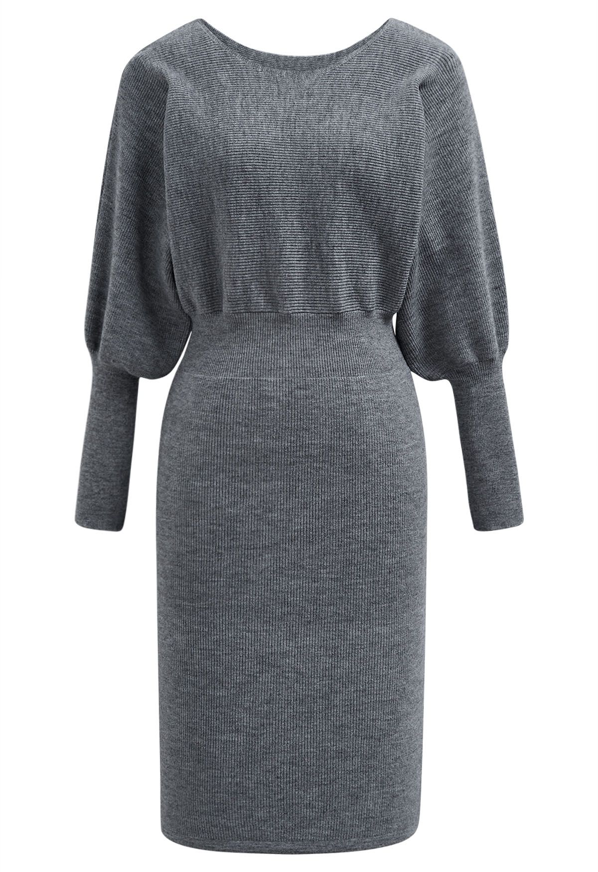 Batwing Sleeves Cinched Waist Knit Dress in Grey