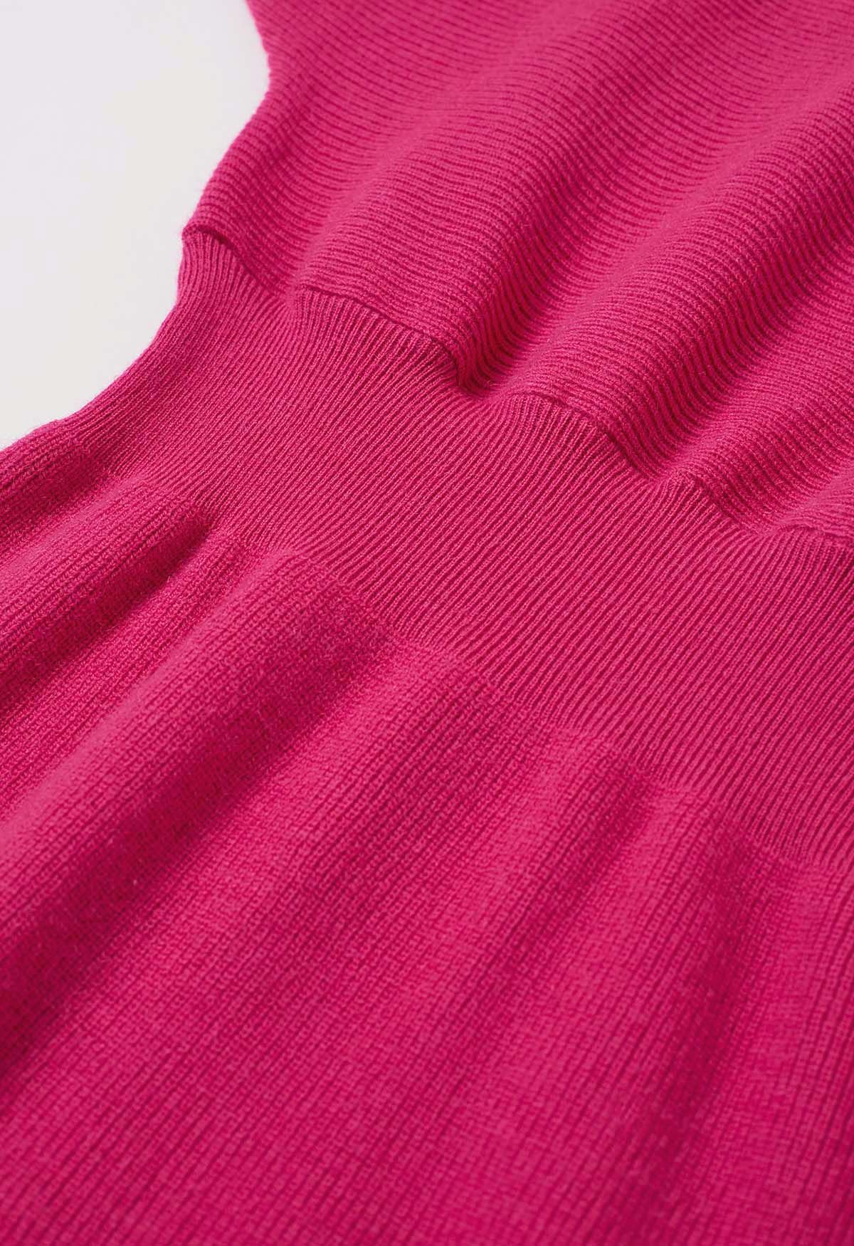 Batwing Sleeves Cinched Waist Knit Dress in Hot Pink