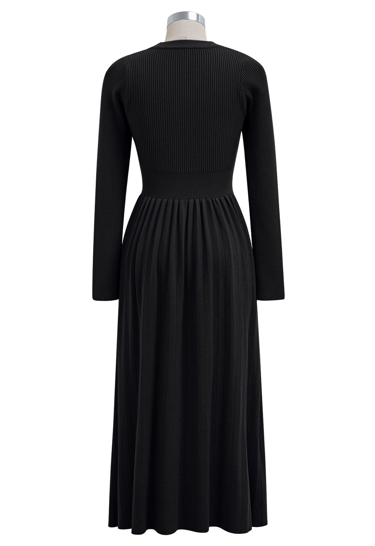 V-Shape Cutout Faux-Wrap Knit Midi Dress in Black