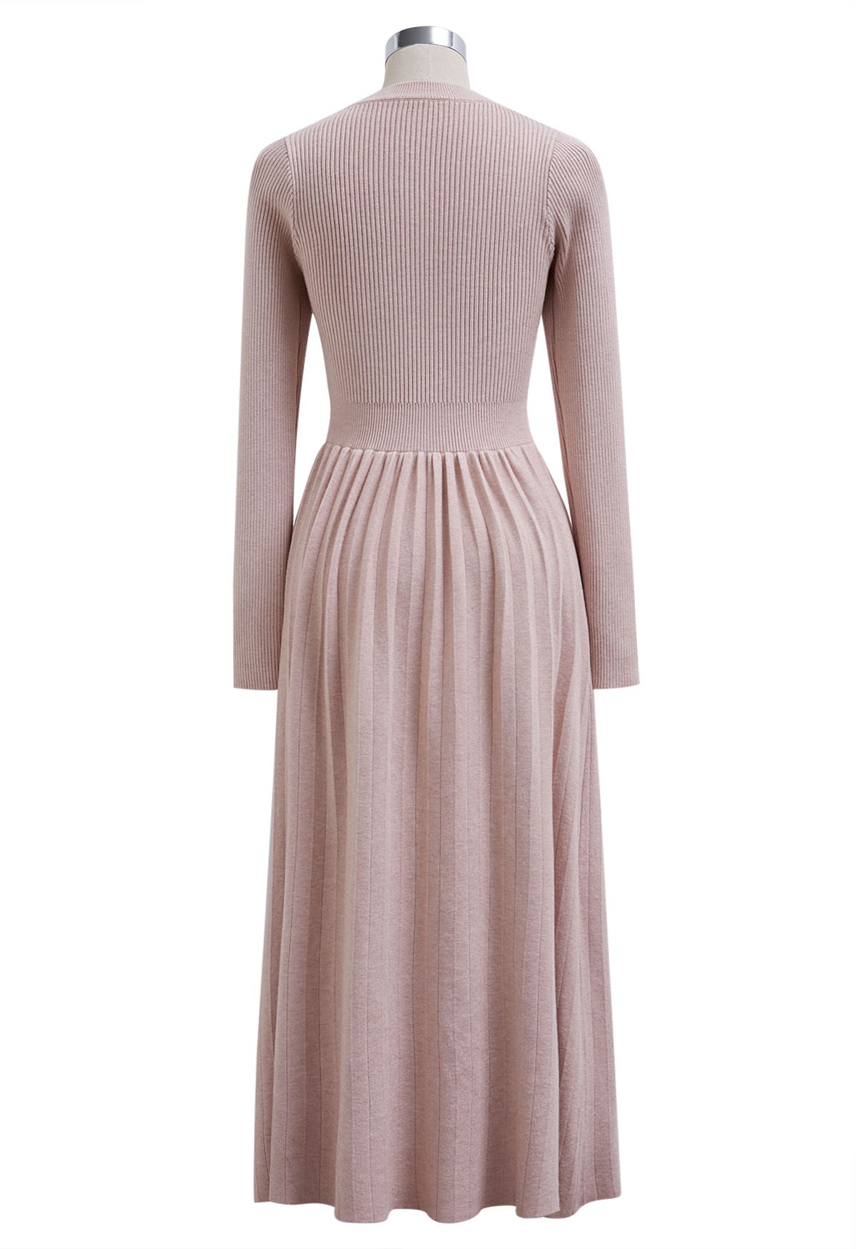 V-Shape Cutout Faux-Wrap Knit Midi Dress in Light Pink