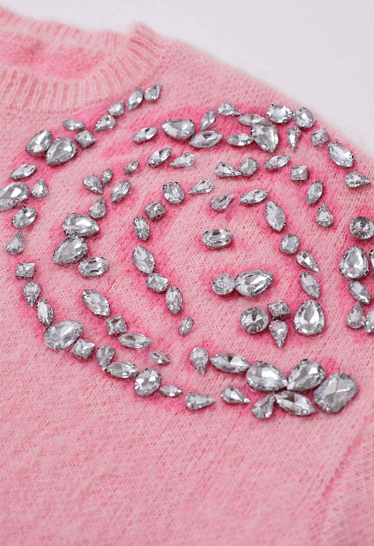 Glistening Rhinestones Rose Pattern Knit Sweater 