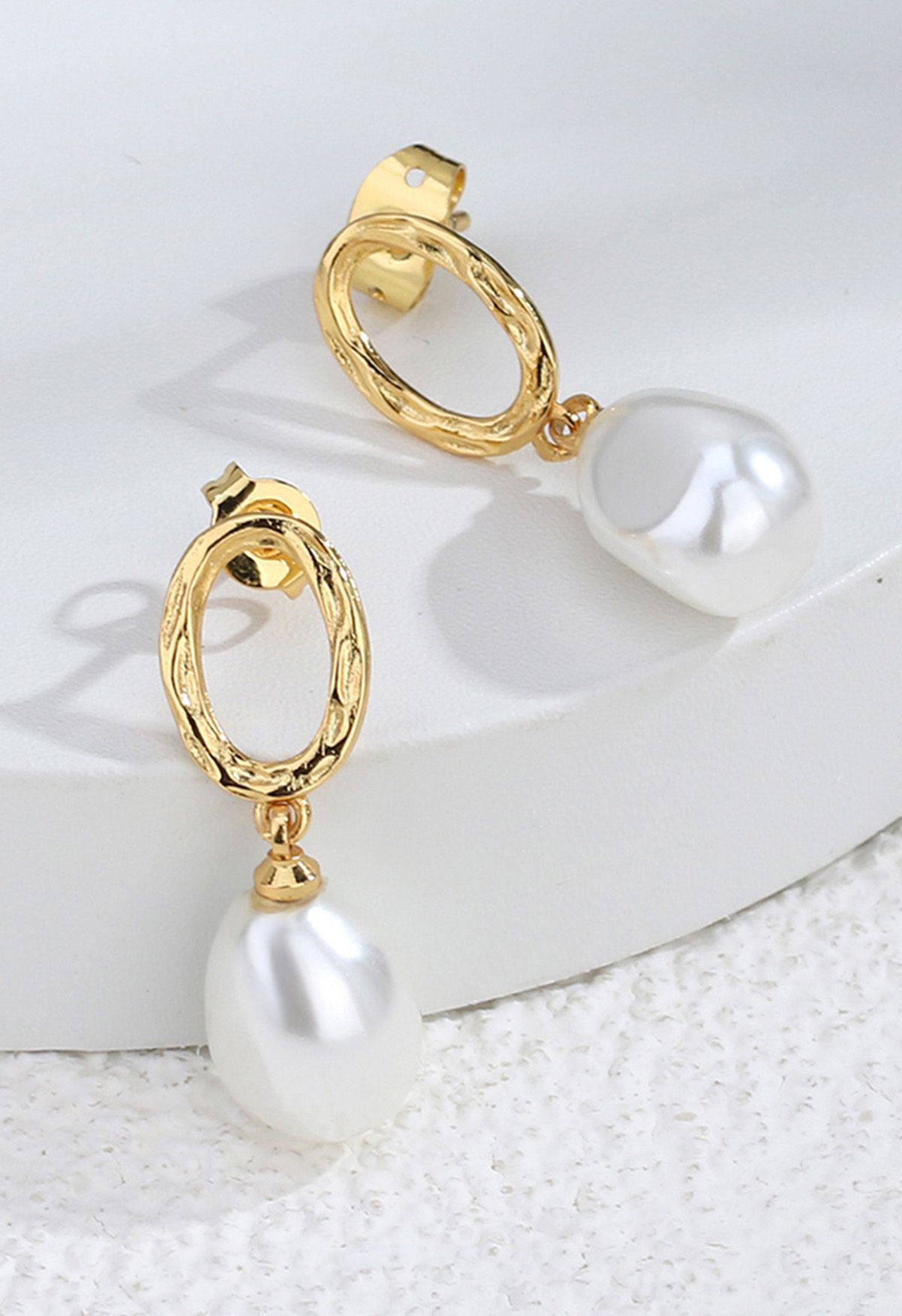 Golden Oval Irregular Pearl Drop Earrings