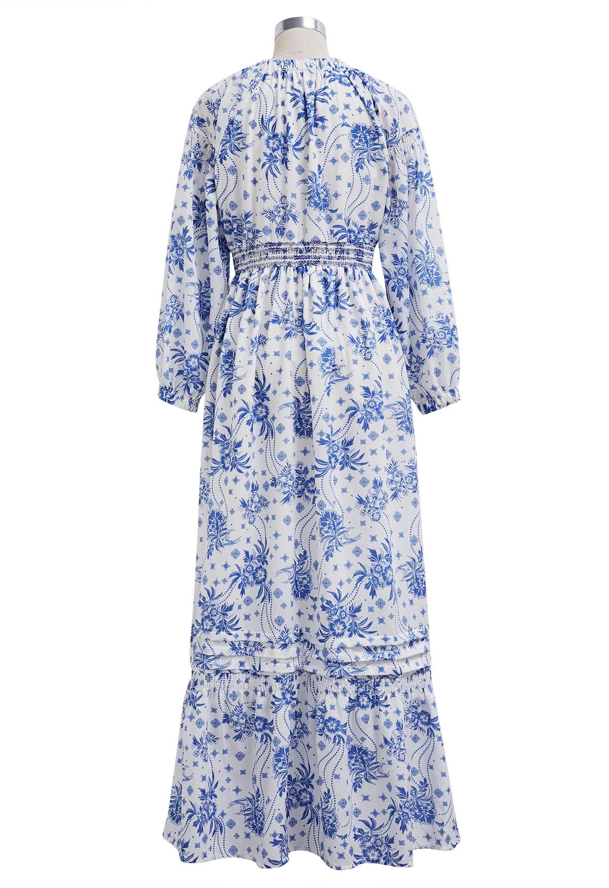 Floral Print Puff Sleeve Shirred Maxi Dress