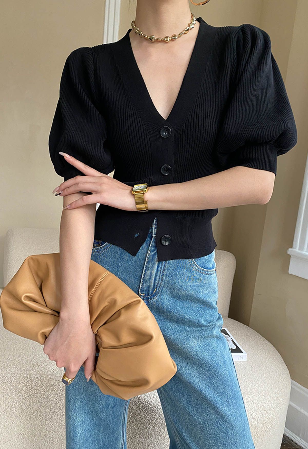 Bubble Sleeve V-Neck Buttoned Knit Top in Black