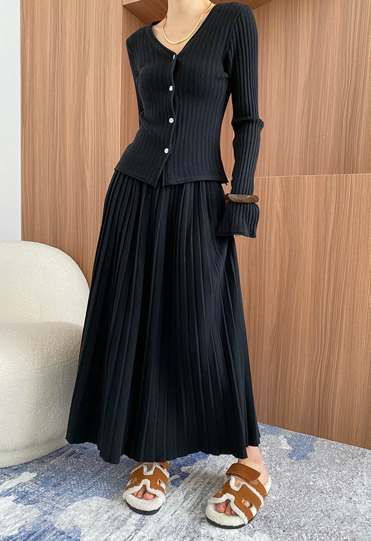 Flare Cuffs Button Knit Top and Midi Skirt in Black