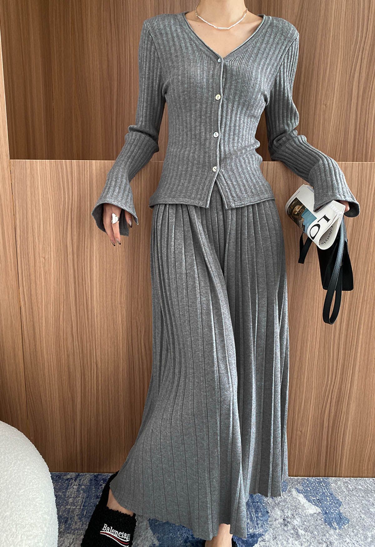 Flare Cuffs Button Knit Top and Midi Skirt in Grey