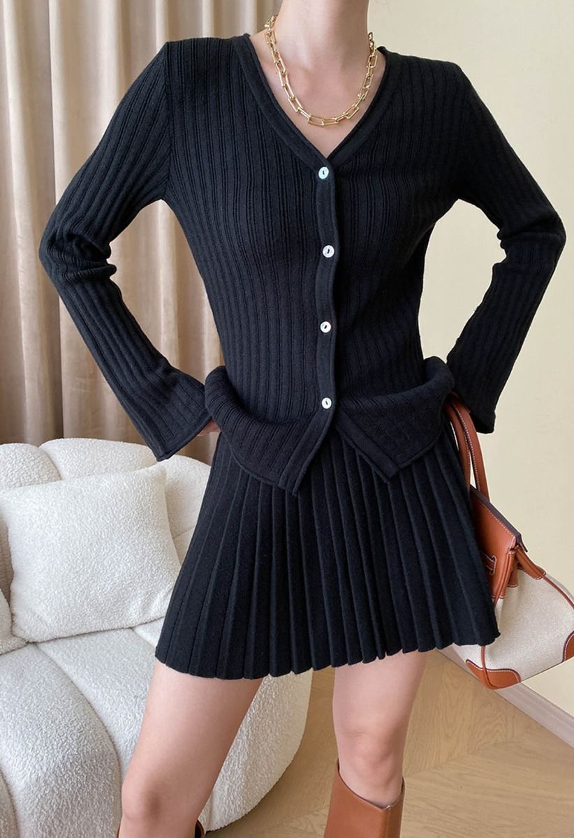 Flare Cuffs Button Knit Top and Mini Skirt in Black