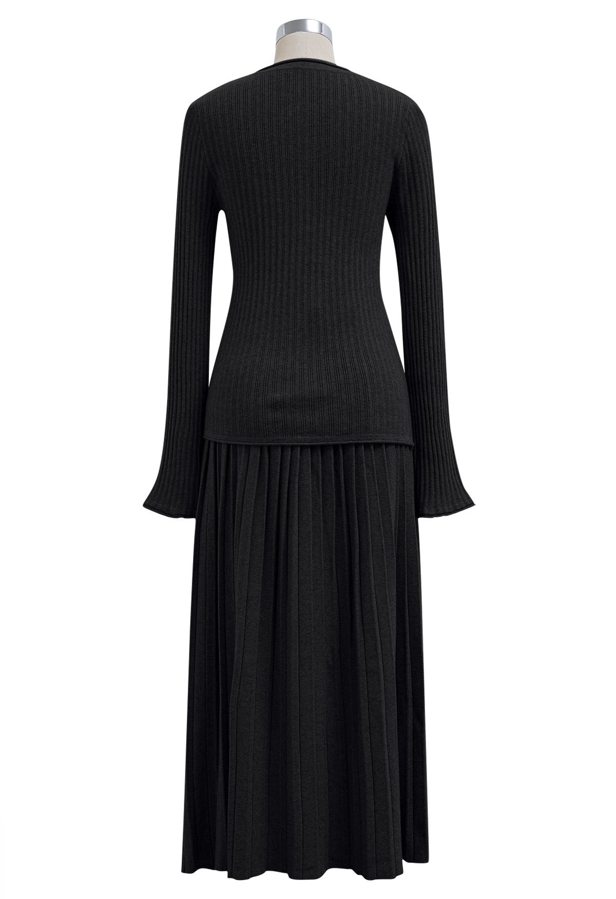 Flare Cuffs Button Knit Top and Midi Skirt in Black