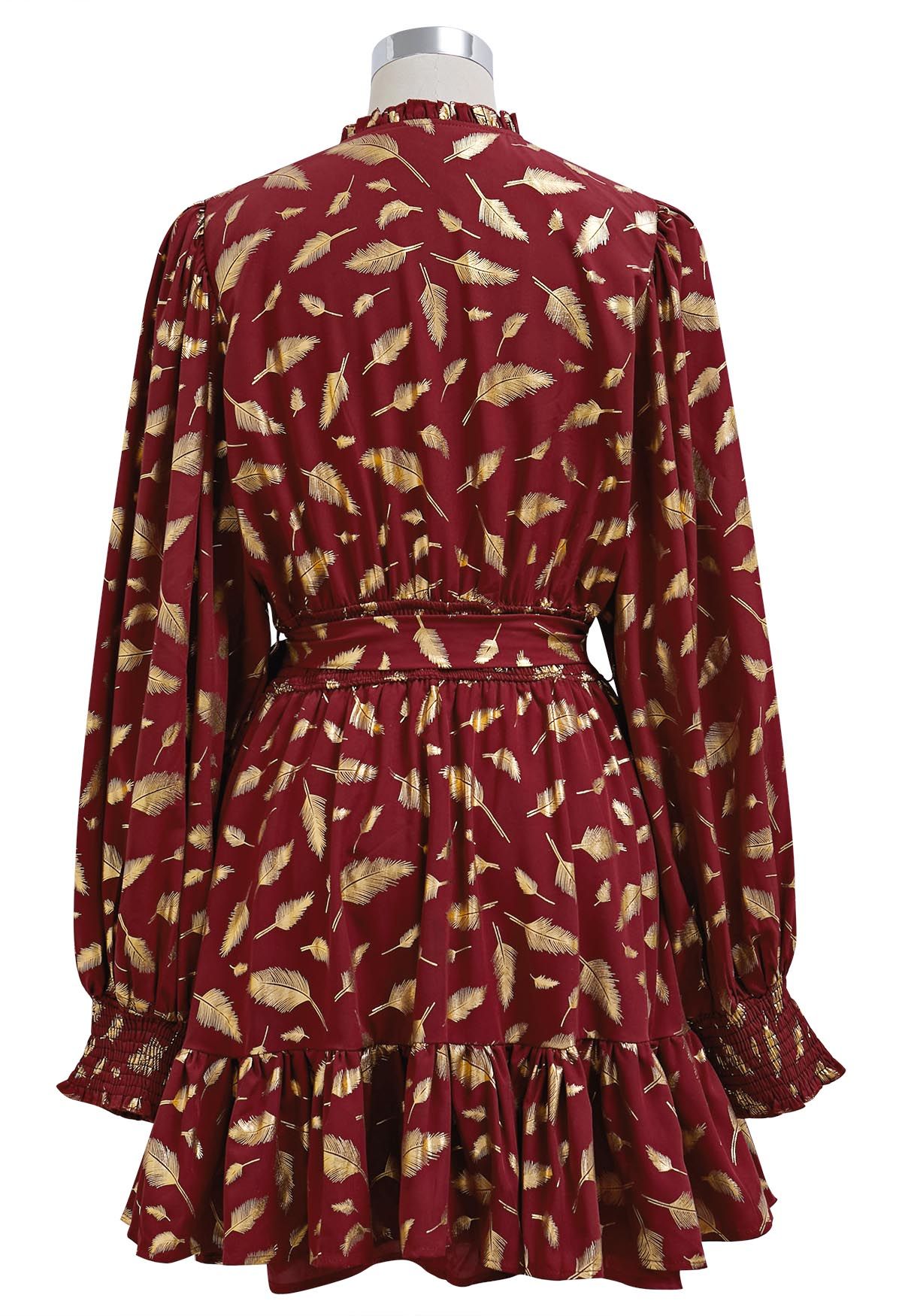 Golden Leaf Printed Tie-Sash Mini Dress in Red