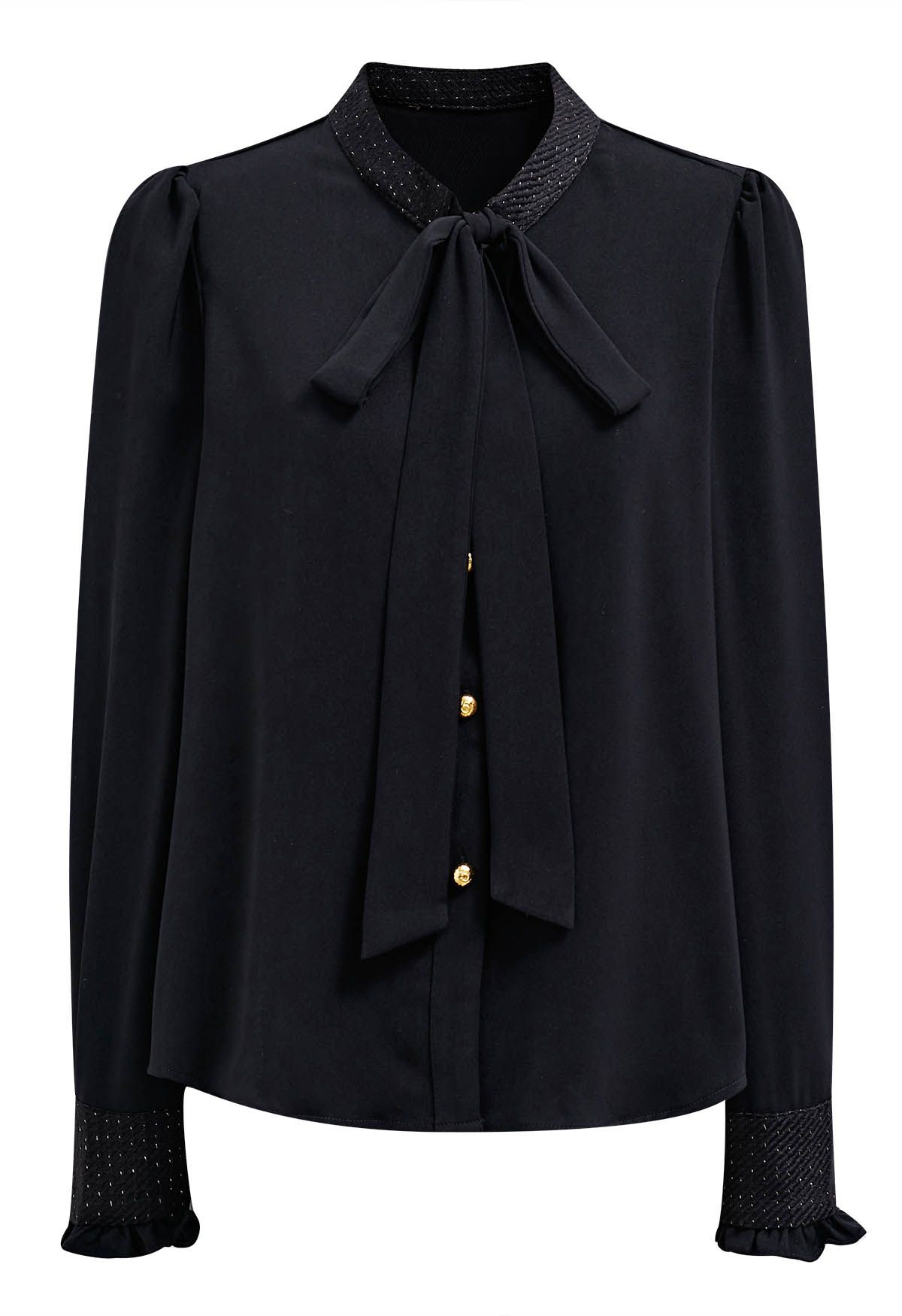 Self-Tie Bowknot Tweed Spliced Shirt in Black