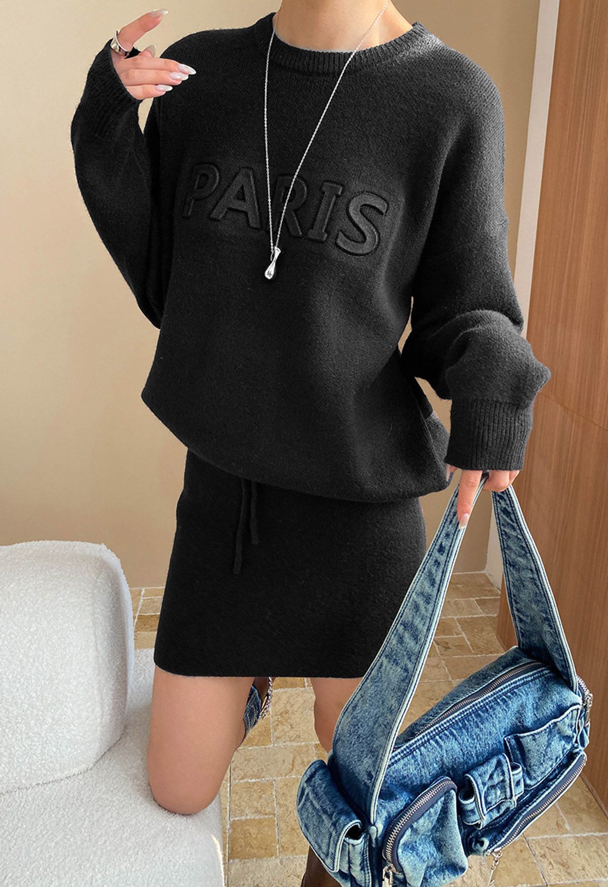 Paris Letter Knit Sweater and Skirt Set in Black