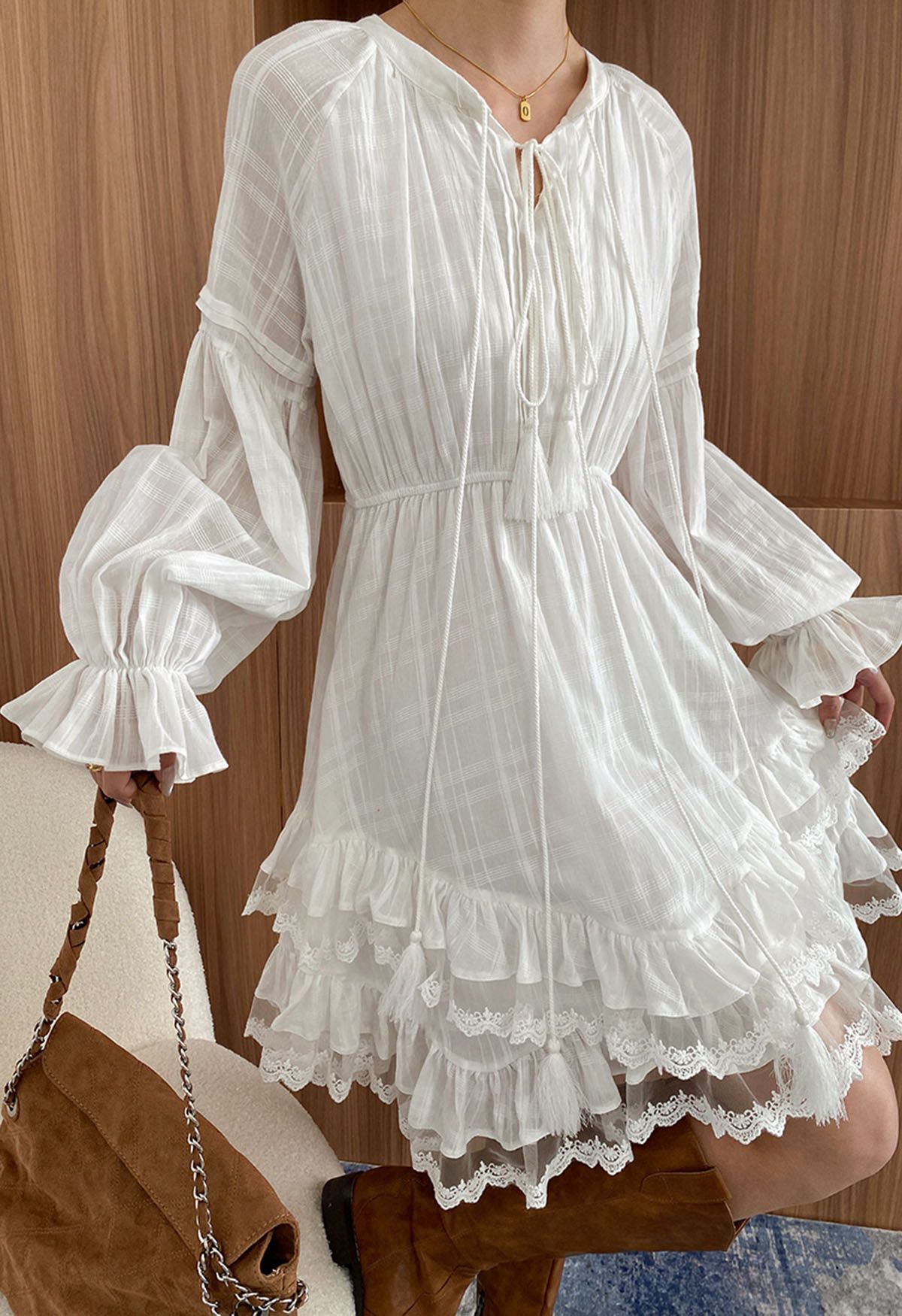 Tiered Ruffle Lace Trim Lantern Sleeves Asymmetric Midi Dress