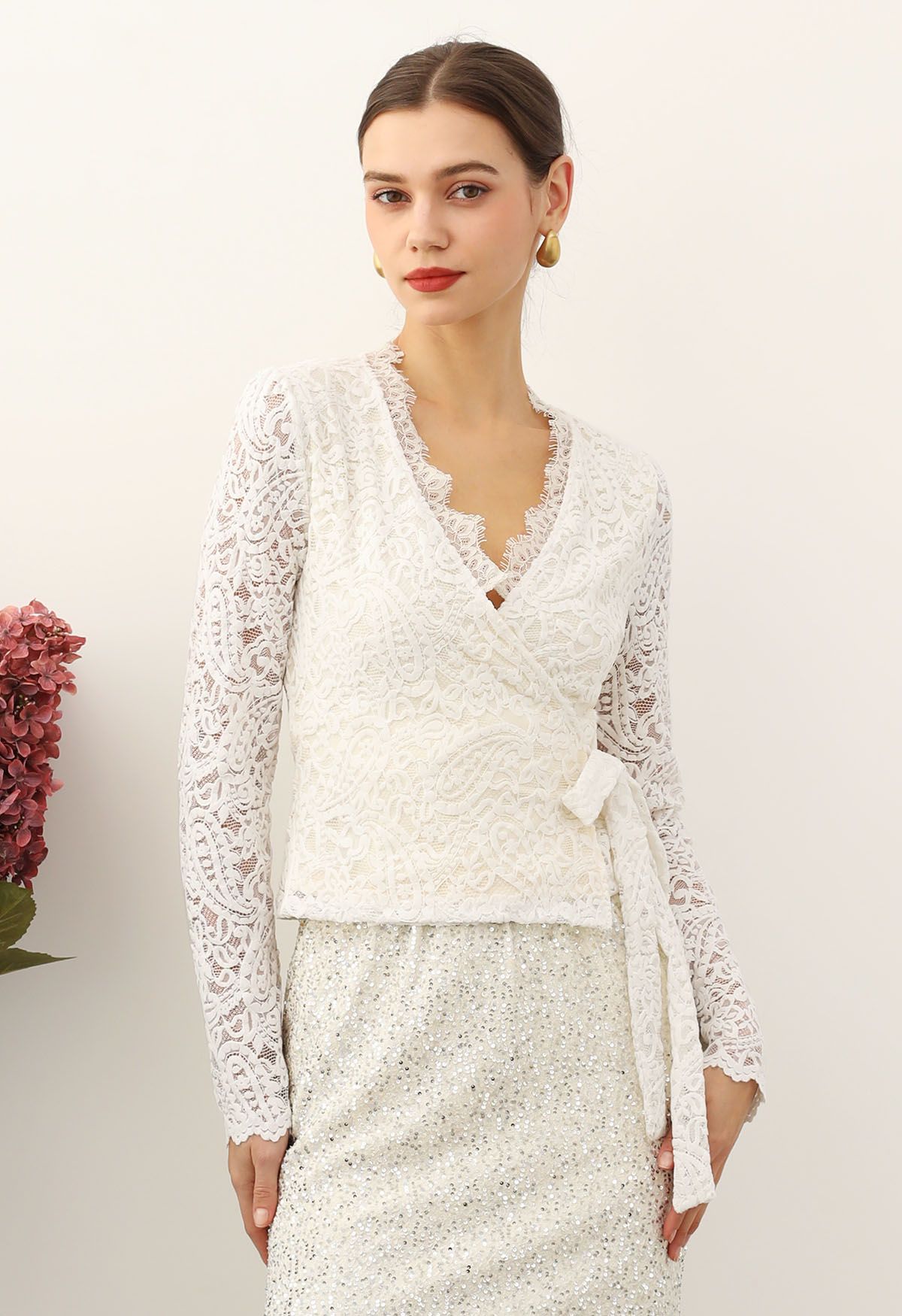 Paisley Full Lace Tie Waist Wrap Top in Cream