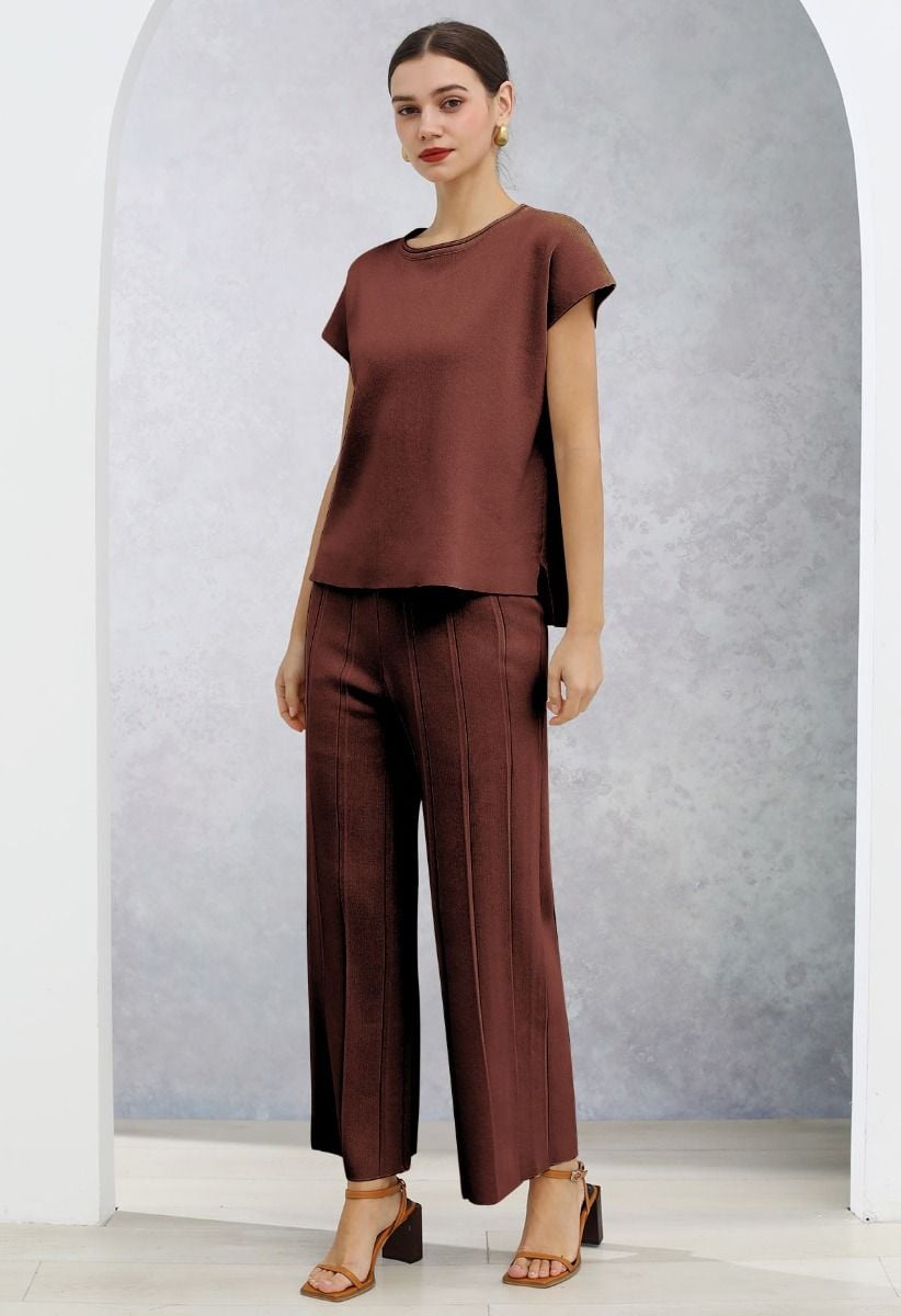 Daily Comfort Sleeveless Top and Straight-Leg Pants Set in Brown