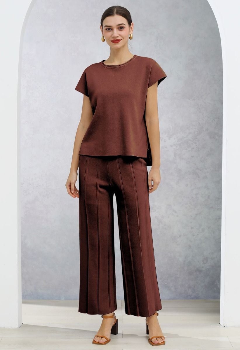 Daily Comfort Sleeveless Top and Straight-Leg Pants Set in Brown