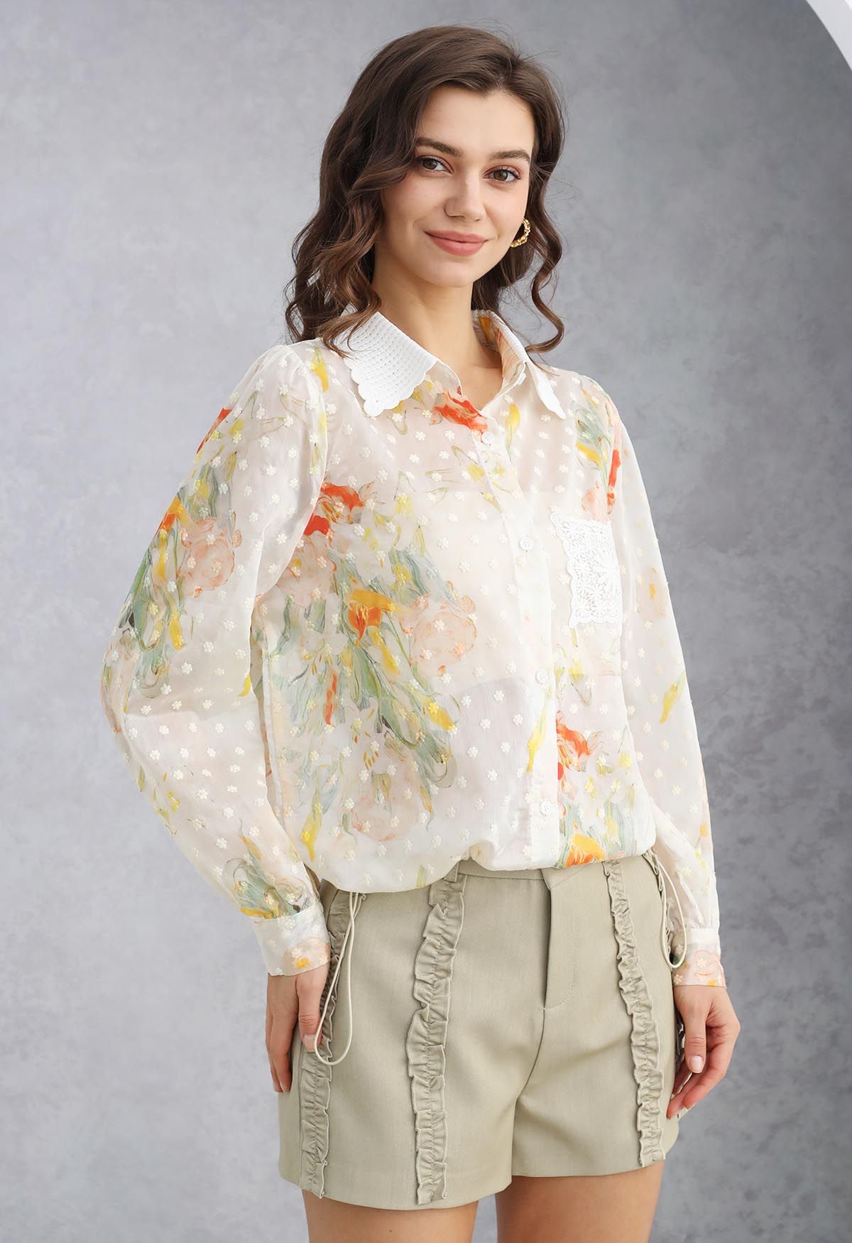 Lace Cutwork Pocket Embroidered Drawstring Shirt in Floral