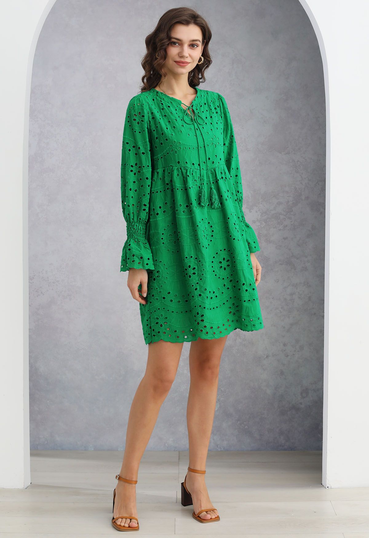 Eyelet Embroidery Tassel String Dolly Dress