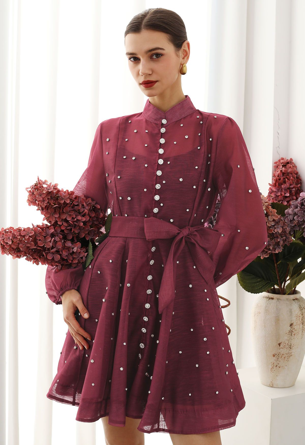 Rhinestone Decor Button Tie-Sash Organza Dress in Burgundy