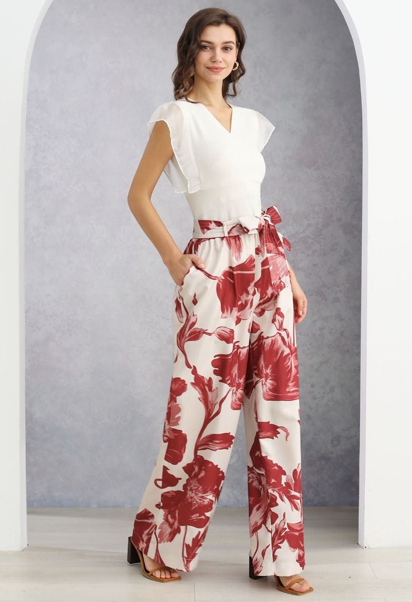 Red Bouquet Printed Wide-Leg Pants