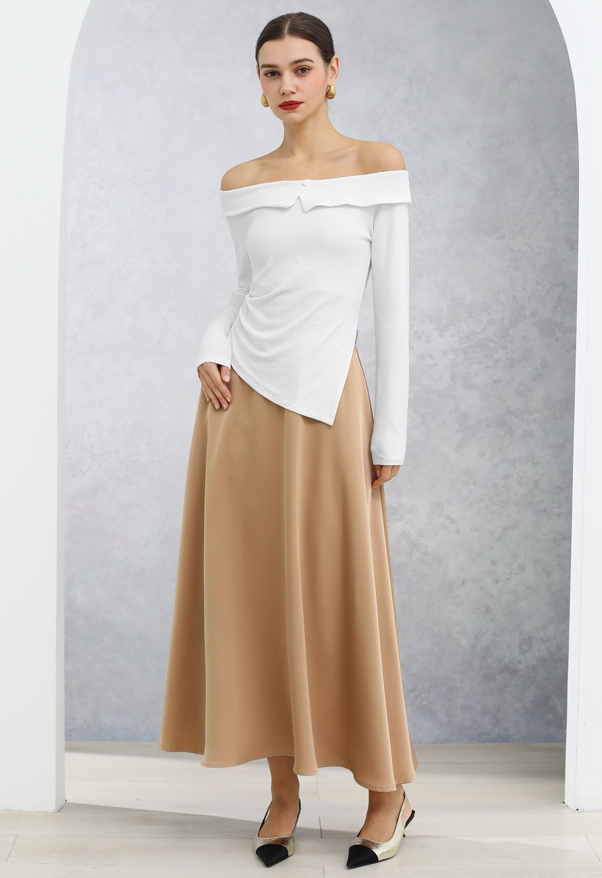 Timeless Elegance Satin A-Line Maxi Skirt in Tan