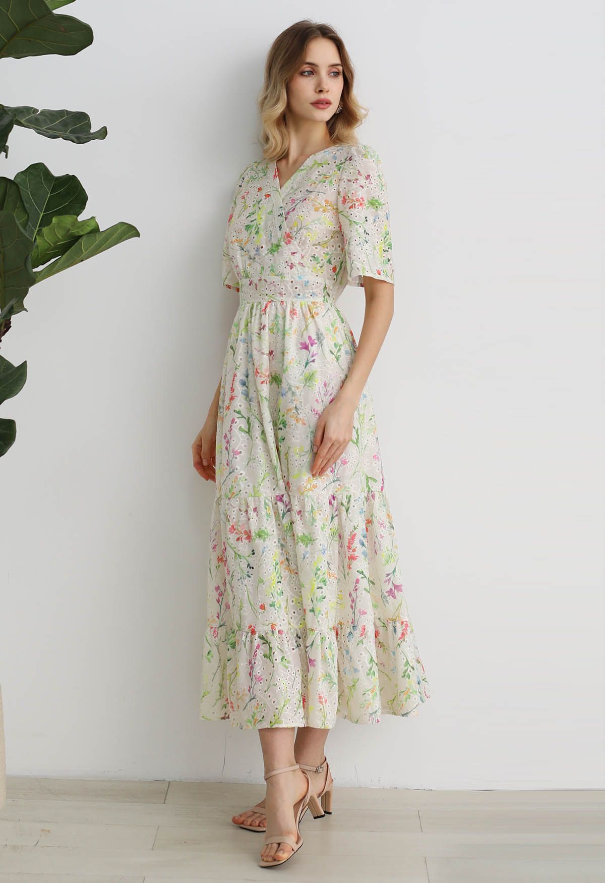 Watercolor Wild Flowers Printed Eyelet Embroidered Faux-Wrap Dress