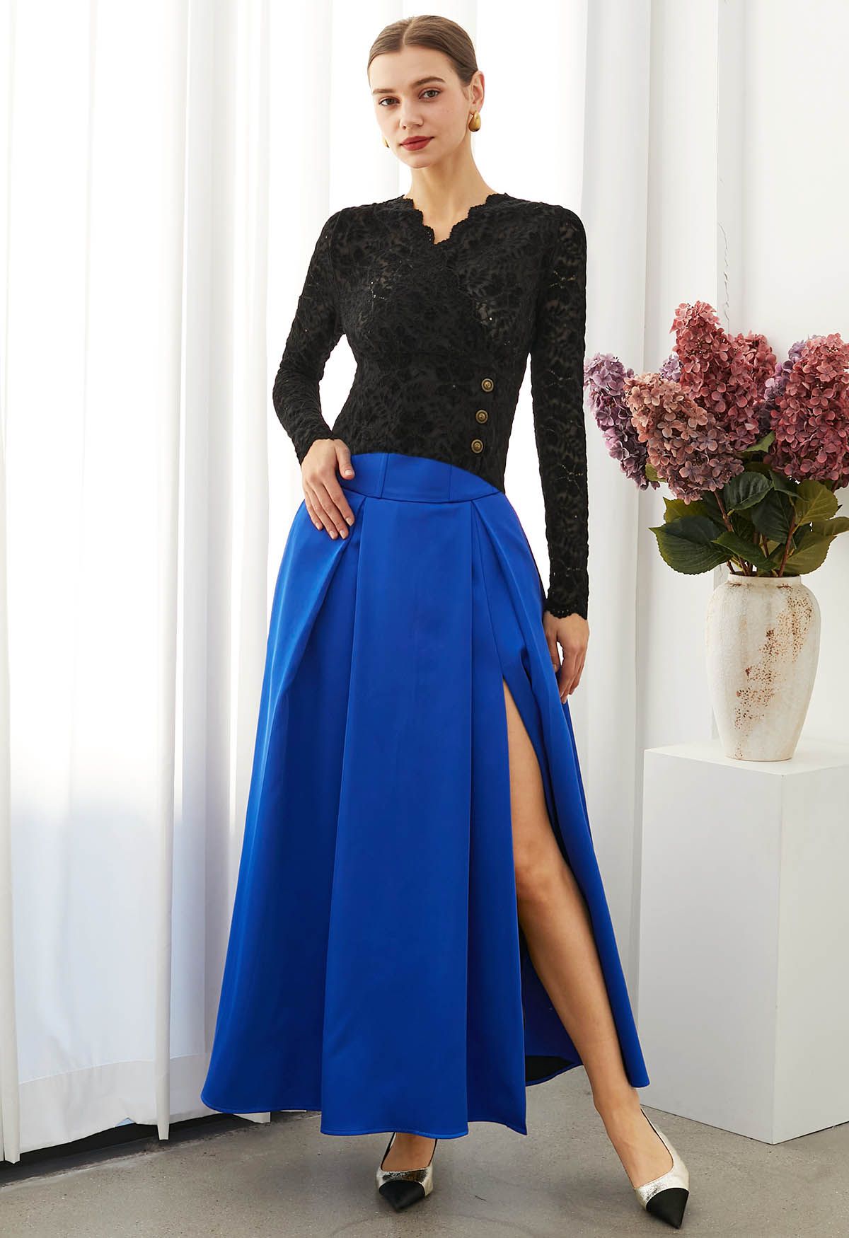 High-Slit Seamed Waist Pleated Satin Maxi Skirt in Indigo