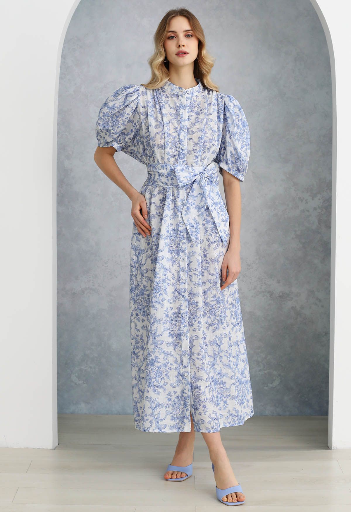 Floral Vine Printed Bubble Sleeve Buttoned Cotton Dress in Light Blue