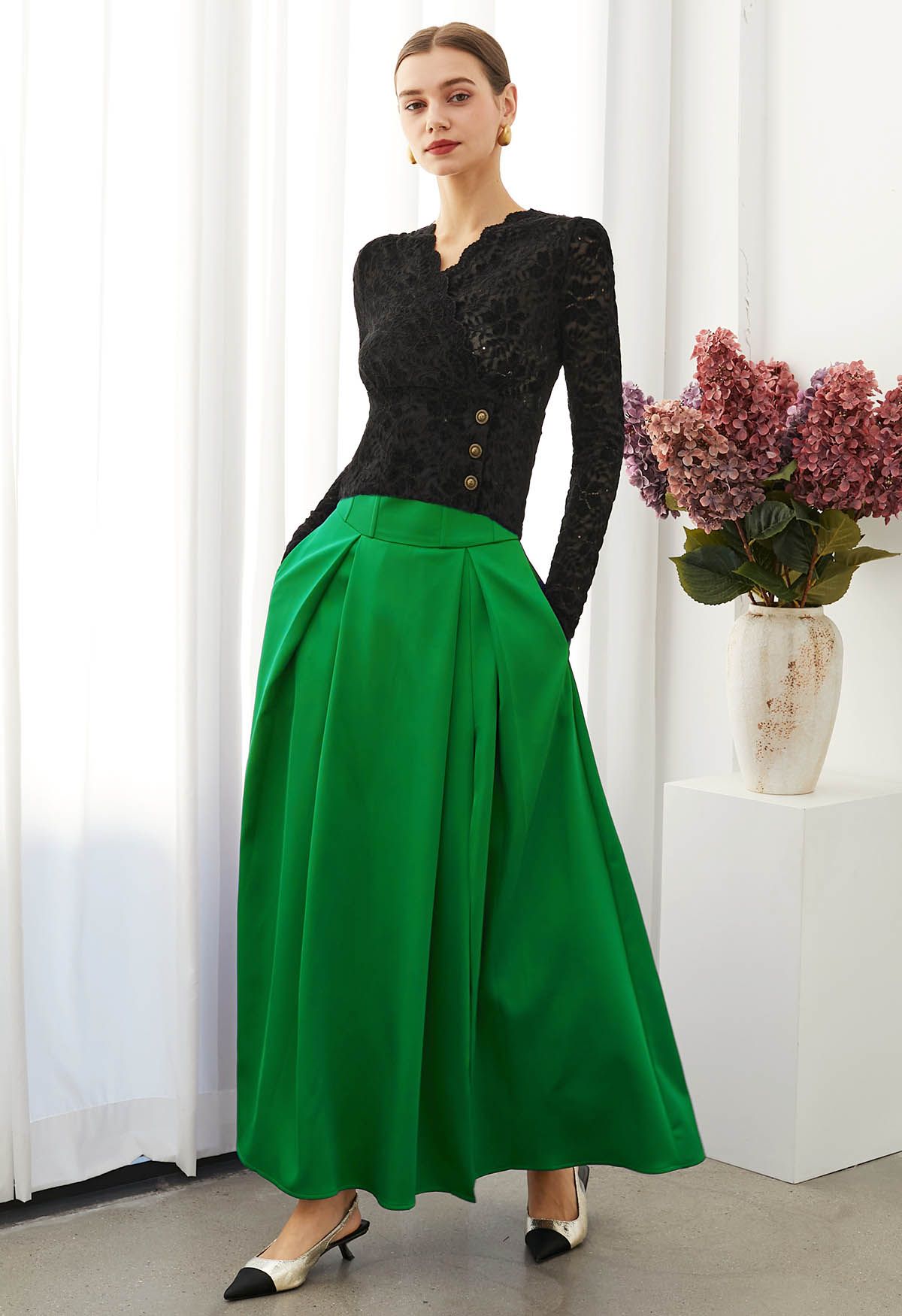 High-Slit Seamed Waist Pleated Satin Maxi Skirt in Green