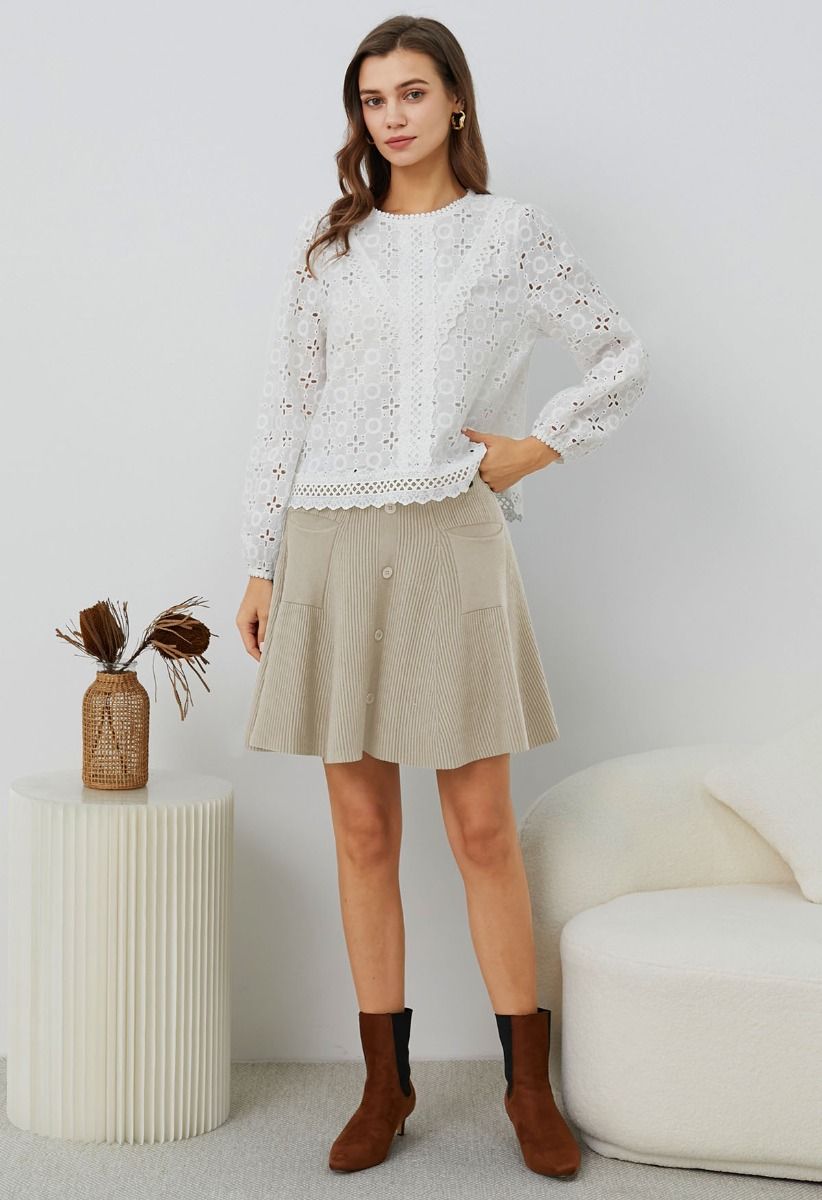 Patch Pockets Button Trim Knit Mini Skirt in Sand