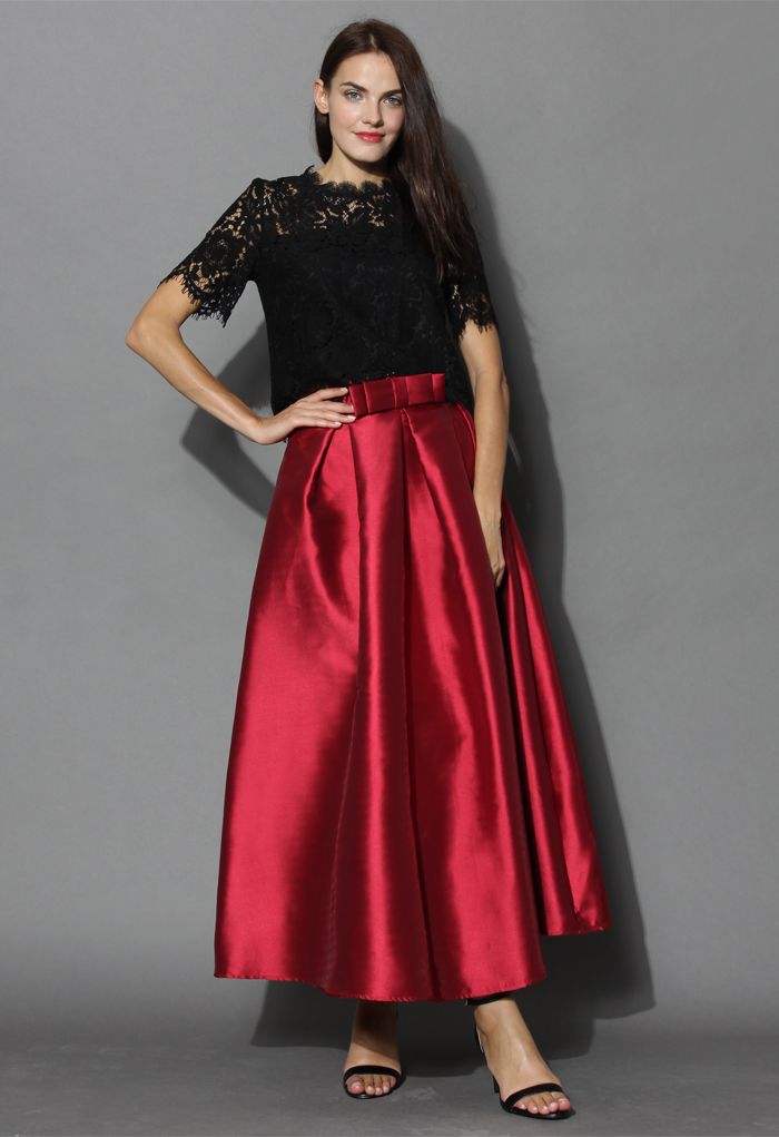 Bowknot Pleated Full Maxi Skirt in Red