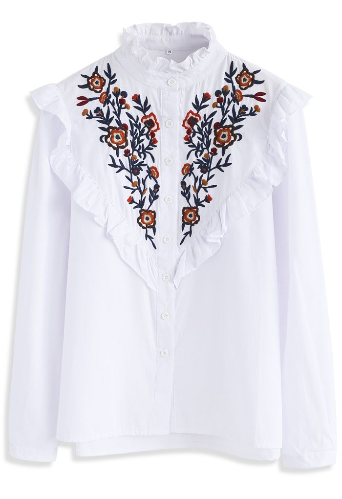 レトロなフラワー刺繍シャツ/ホワイト