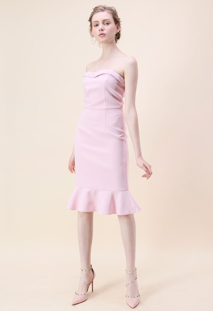 大人シンプル 裾フリル ストラップレス ボディコンドレス ピンク
