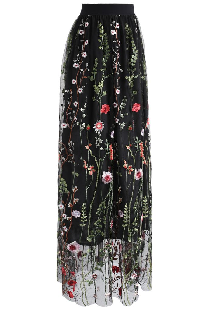「咲いた野の花」刺繍 メッシュ マキシスカート ブラック