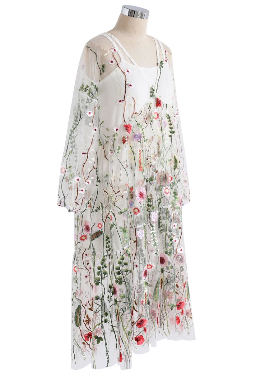 「咲いた野の花」 刺繍 メッシュ Vネックワンピース クリーム
