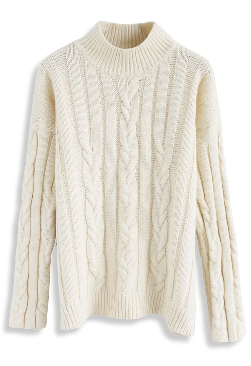 心地よく暖かい ケーブル編み ニット セーター オフホワイト 