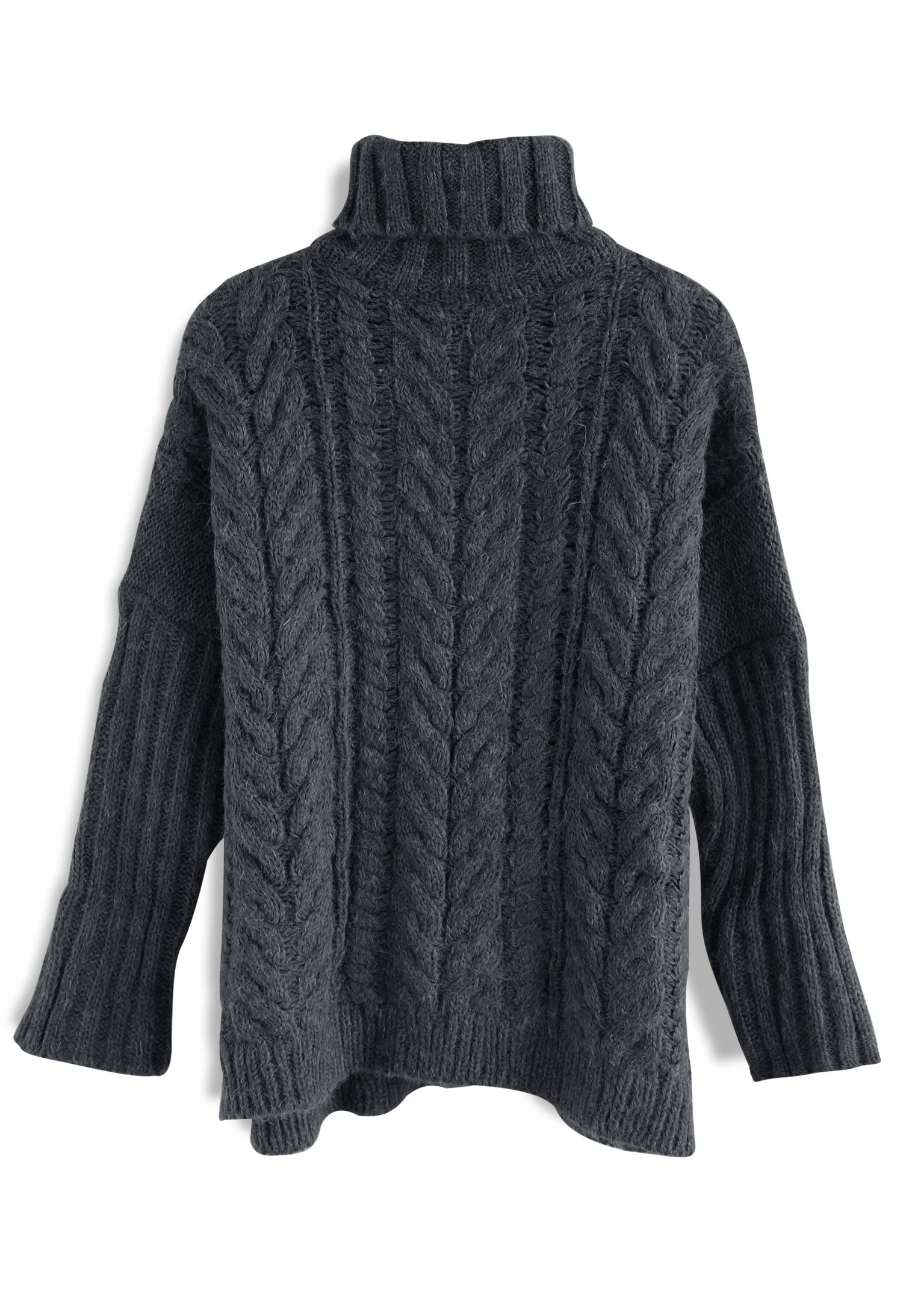 F1070 ニット セーター（M）グレー タートルネック ケーブル編み 袖ロゴ-