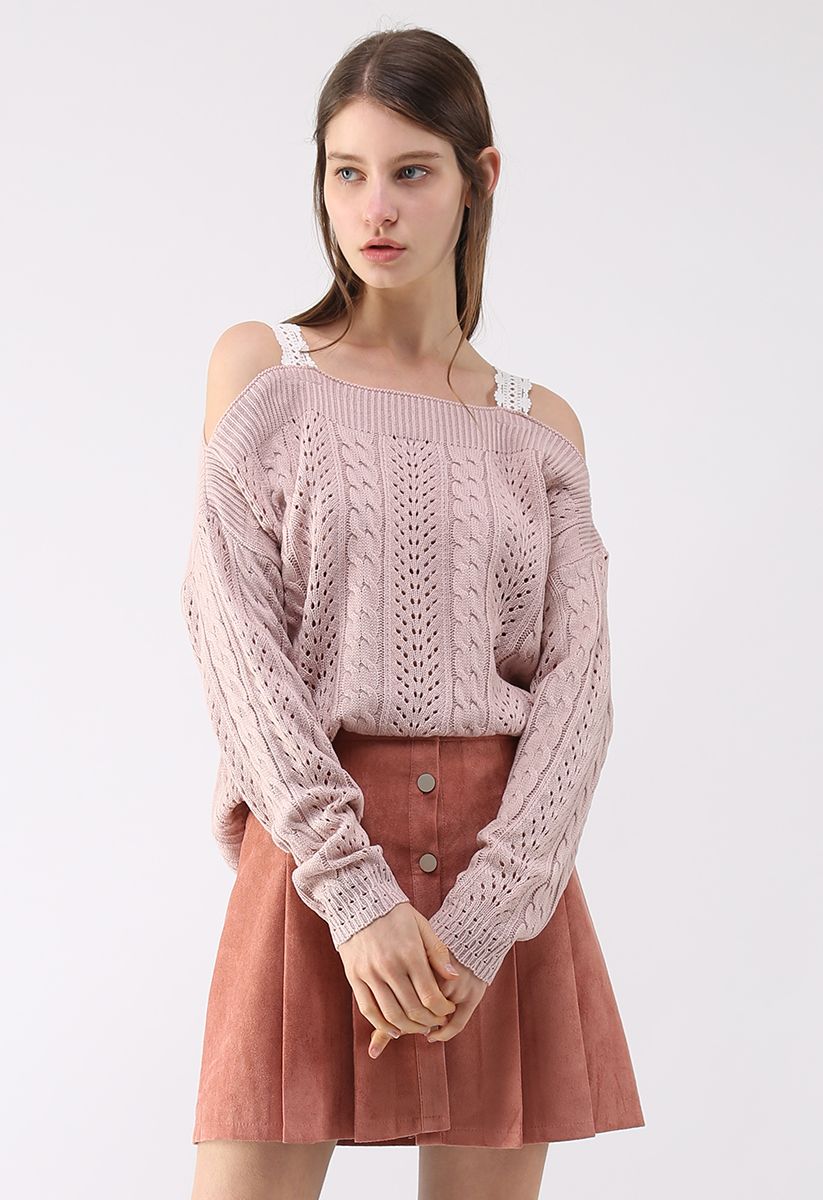 「春色満載」 肩出し ケーブル編みニット セーター ピンク