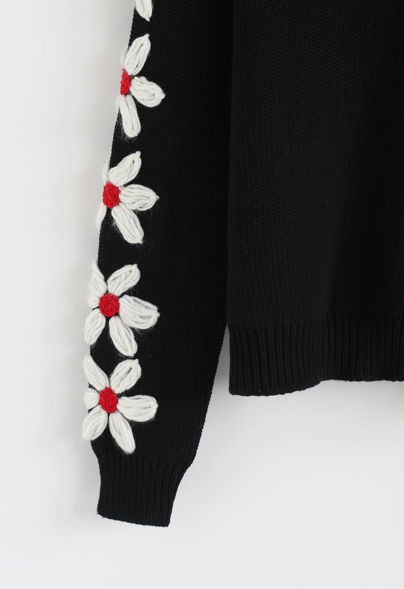 花柄スリーブニットセーター　ブラック