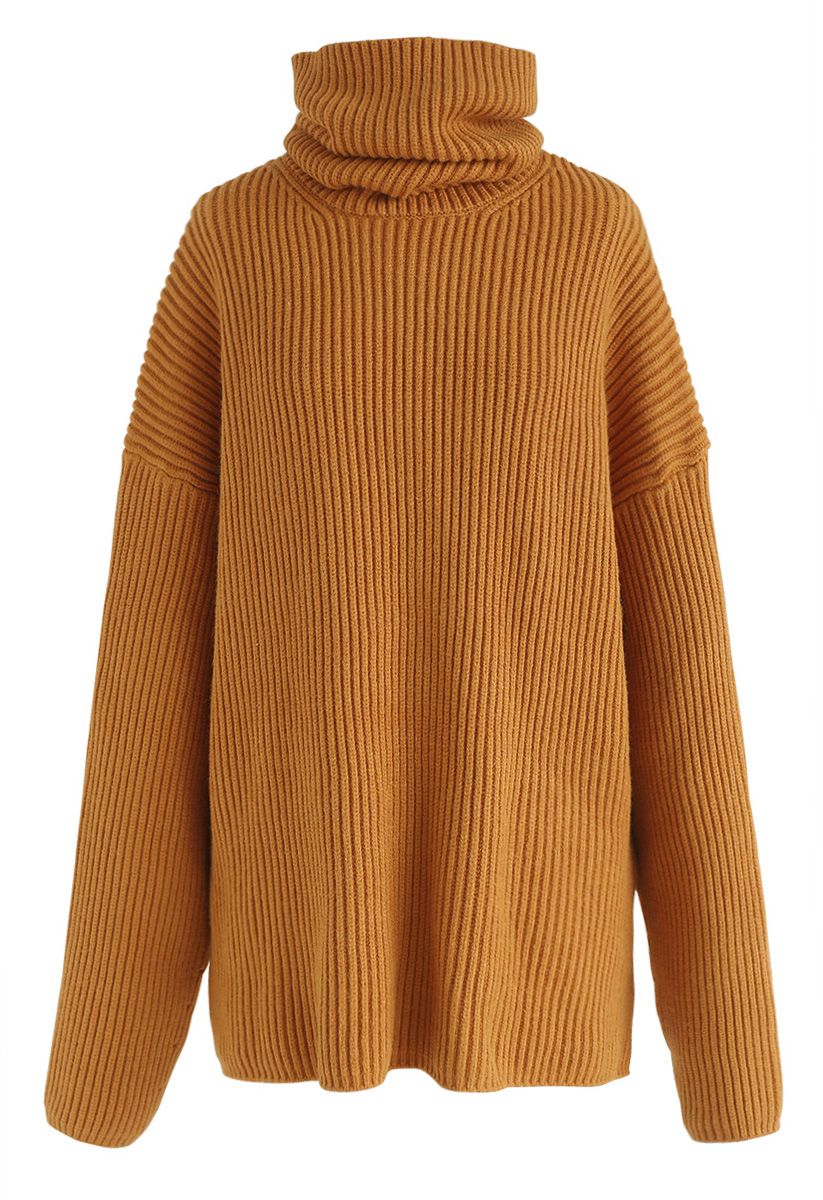 Desirable Ribbed Knit Turtleneck Sweater in Mustard