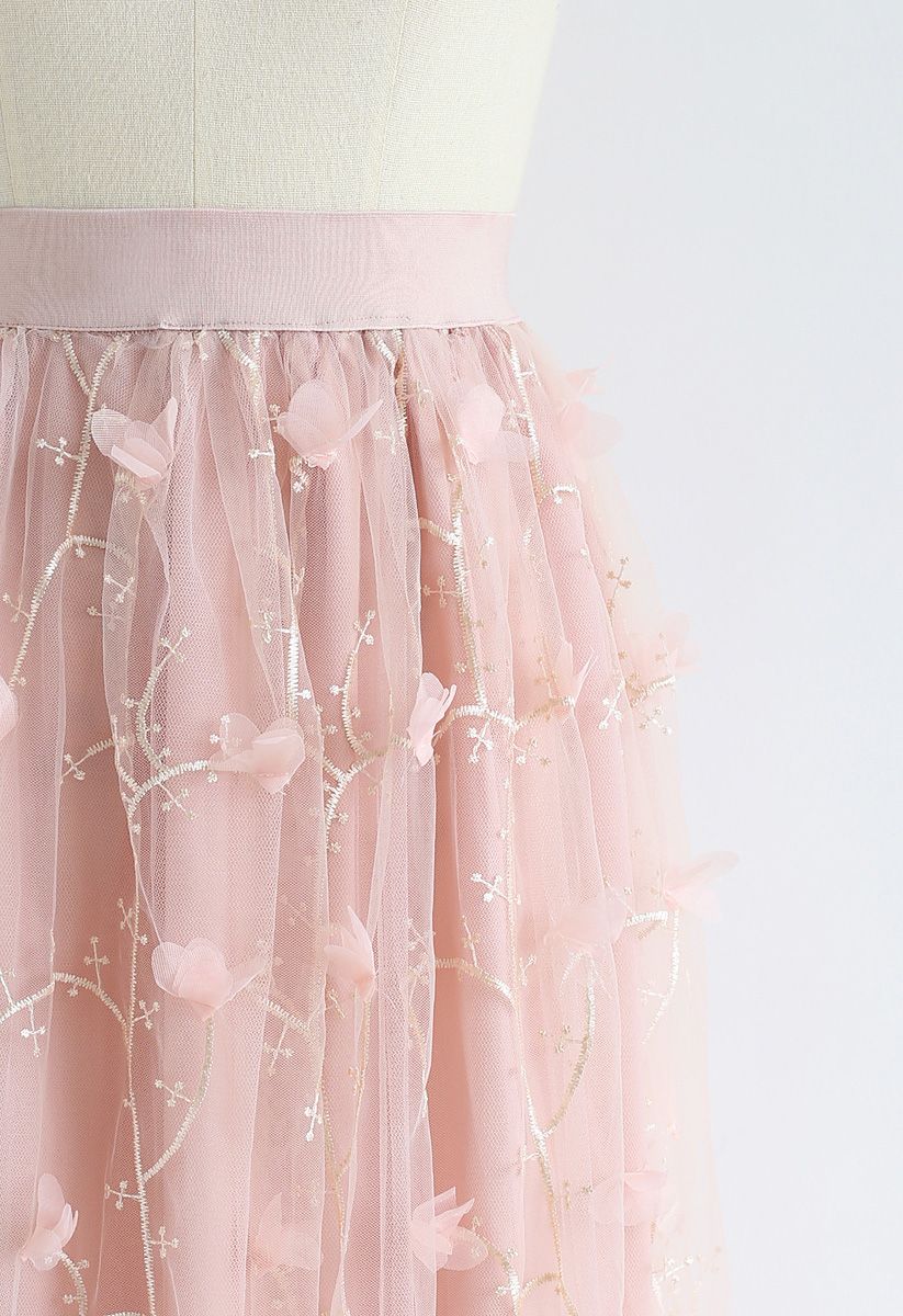 3D花付きメッシュスカート　ピンク