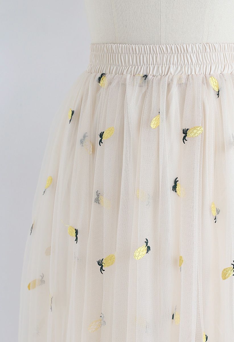 パイナップル柄刺繍メッシュスカート