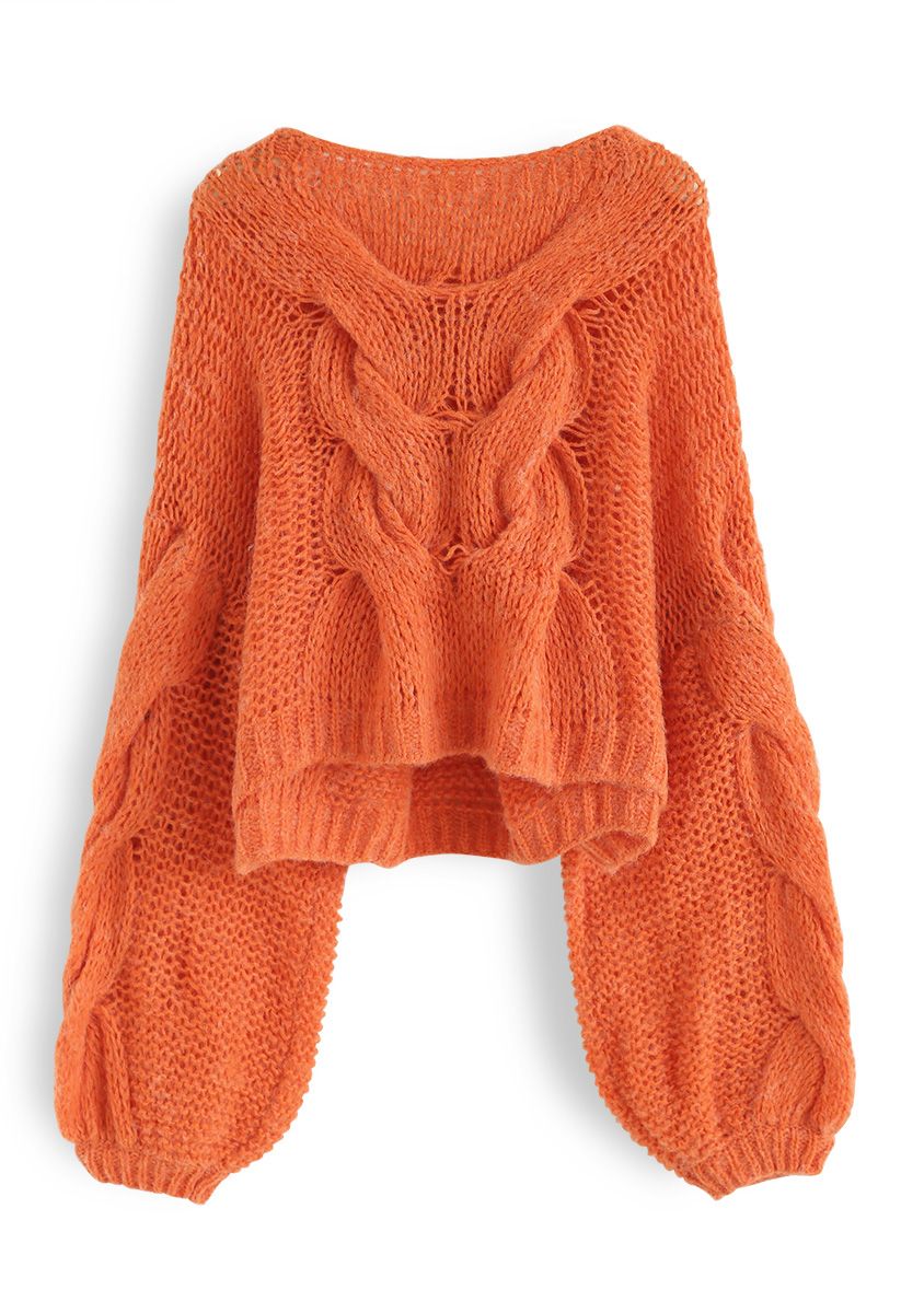 手編みパフスリーブセーター　オレンジ