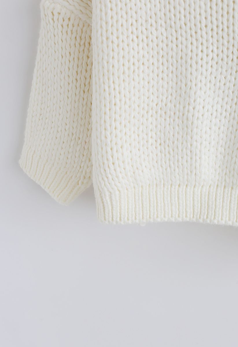 ドロップドショルダー手編みセーター　ホワイト